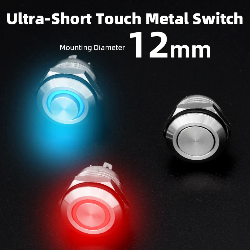 12mm Waterproof Metal Push Button Switch LED Light Momentary Car/PC Power Switch 3V 5V 12V 24V 220V Ultra short travel