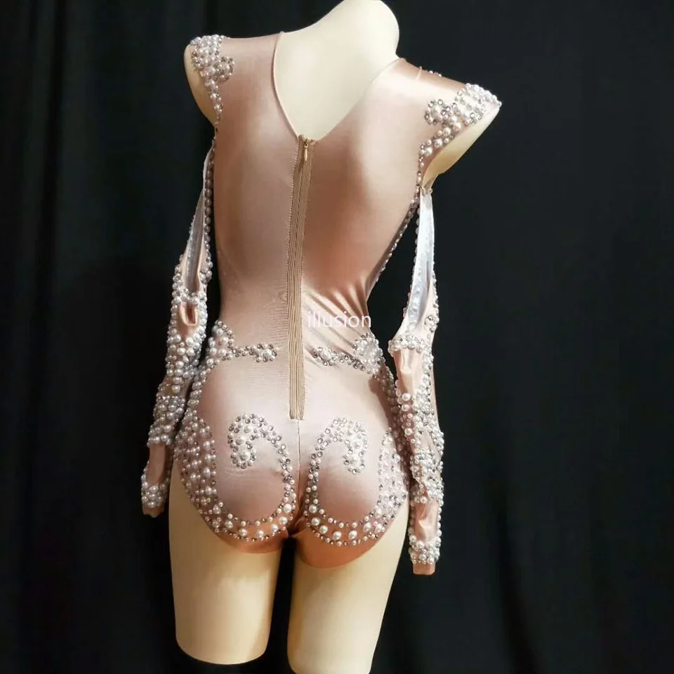 Sparkly ไข่มุกคริสตัลบอดี้สูทผู้หญิง One-Piece Nude ชุดฉลองปาร์ตี้ Glisten Leotard Rhinestones เครื่องแต่งกายนักร้องสวมใส่