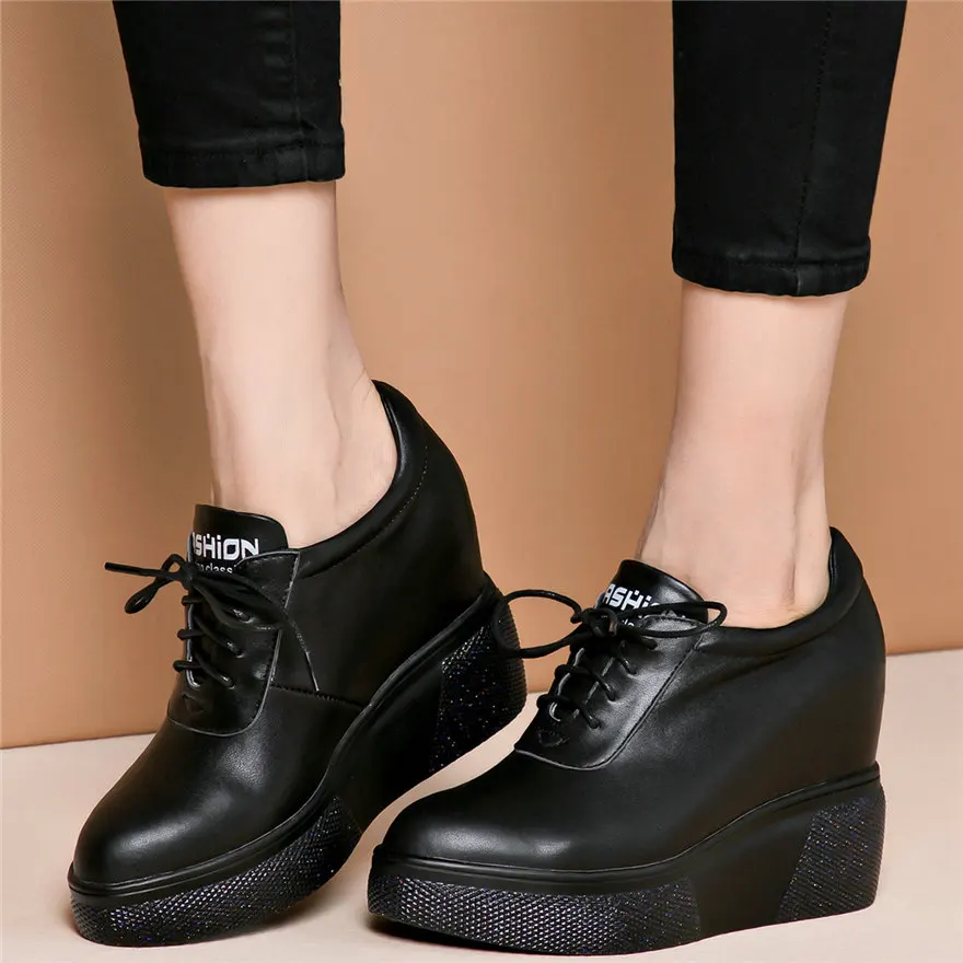 

Trainers Women Shoes Genuine Leather Wedges High Heel Vulcanized Shoes Female Lace Up Pointed Toe Fashion Sneakers Casual Shoes