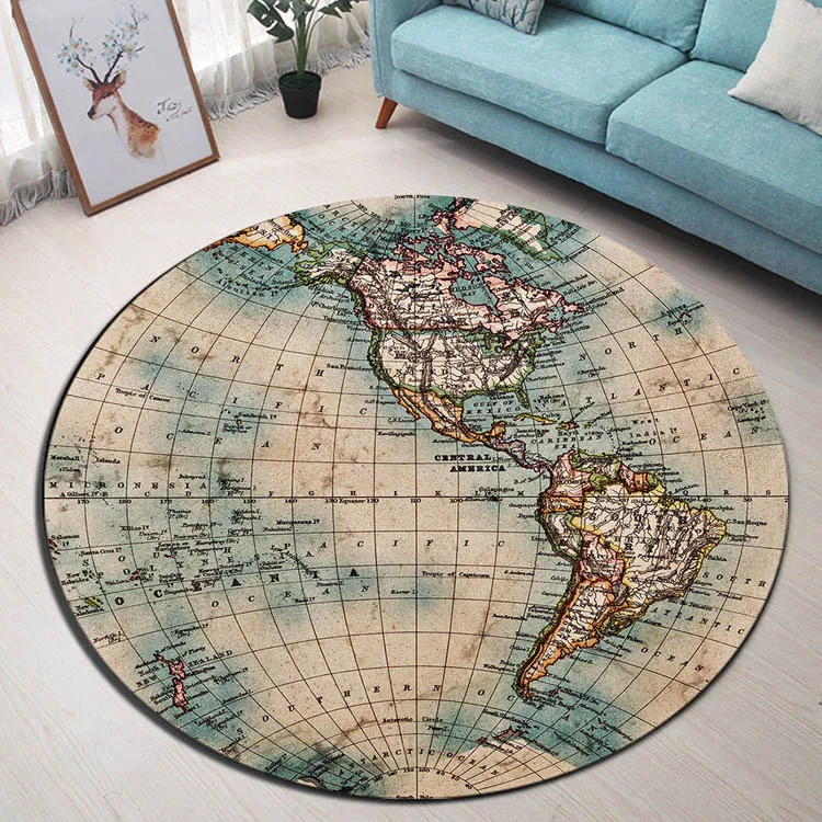 Retro Vintage World Map Round Rug Carpets for Living Room Kids Play Tent Bedroom Map of World Area Rug Home Decor 120cm 100 80