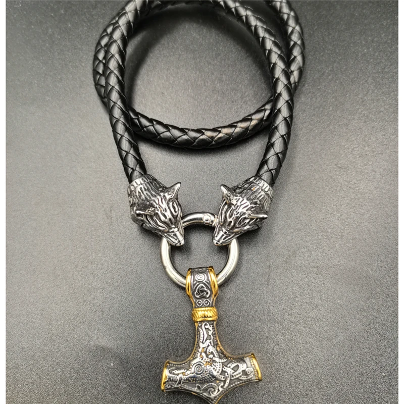 Viking  wolf head chain hanging Thor\'s Hammer Mjolnir Pendant Necklace men talisman Jewelry amulet necklace