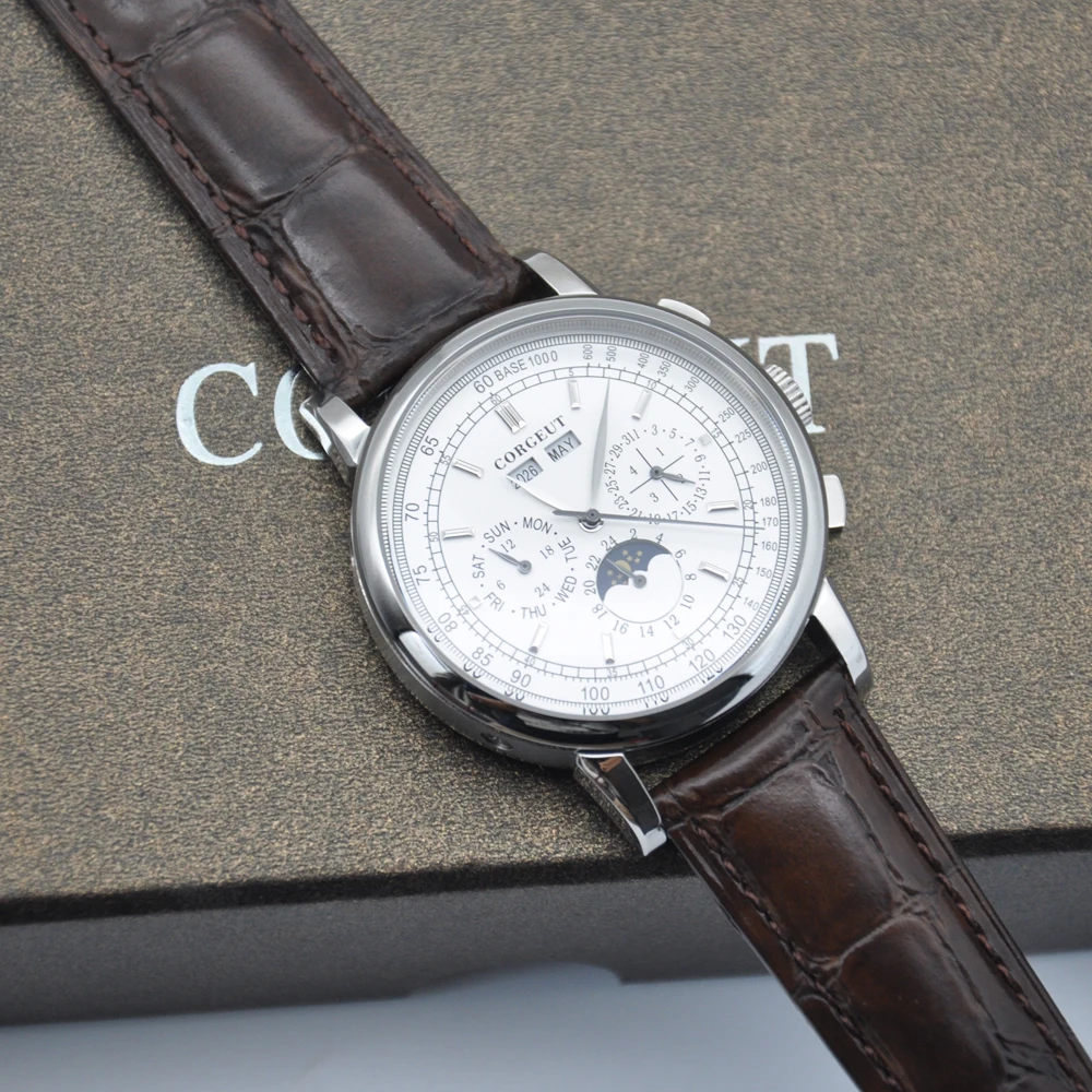 

Corgeut 42mm Top Brand Moon Phase Mechanical Wristwatches White Dial Silver Year Day Month Week 316L SS Case Automatic watch men