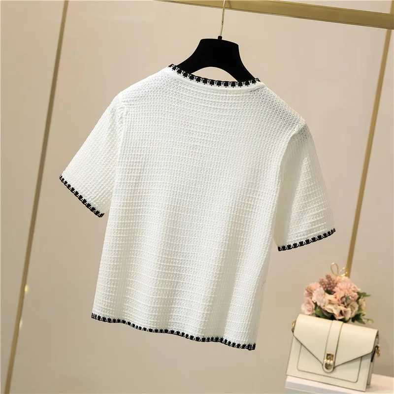 Korean Knitted Cardigan Women V-Neck Thin Crop Top Fashion Short-Sleeved Short Coat Loose Crop Tops Summer Tee Shirt Ropa Mujer