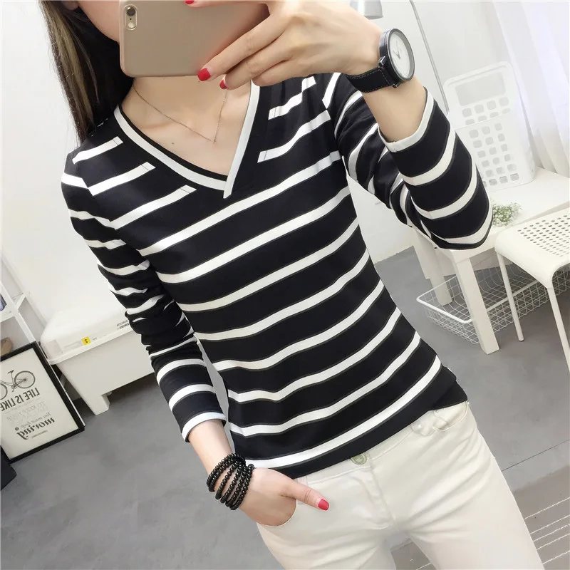 Long Sleeve Fashion Black And White Striped Women T Shirts 2023 New Spring Casual Tops Pullover T-shirt O-neck Korean Shirt