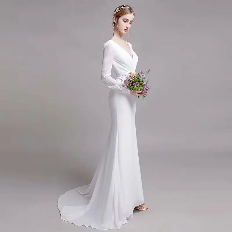 Trouwjurk Платья Bruid Gown Vestido De Novia Robe De Mariage V-hals Vloer-Lengte Backless Lange Mouwen