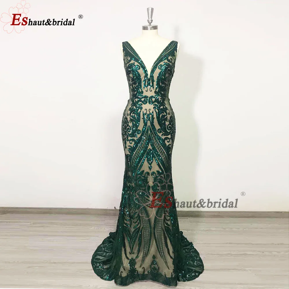 Vestido de noche elegante para mujer, sirena con lentejuelas y tren desmontable, cuello en V, vestidos formales para fiesta de graduación y boda, personalizados, 2024