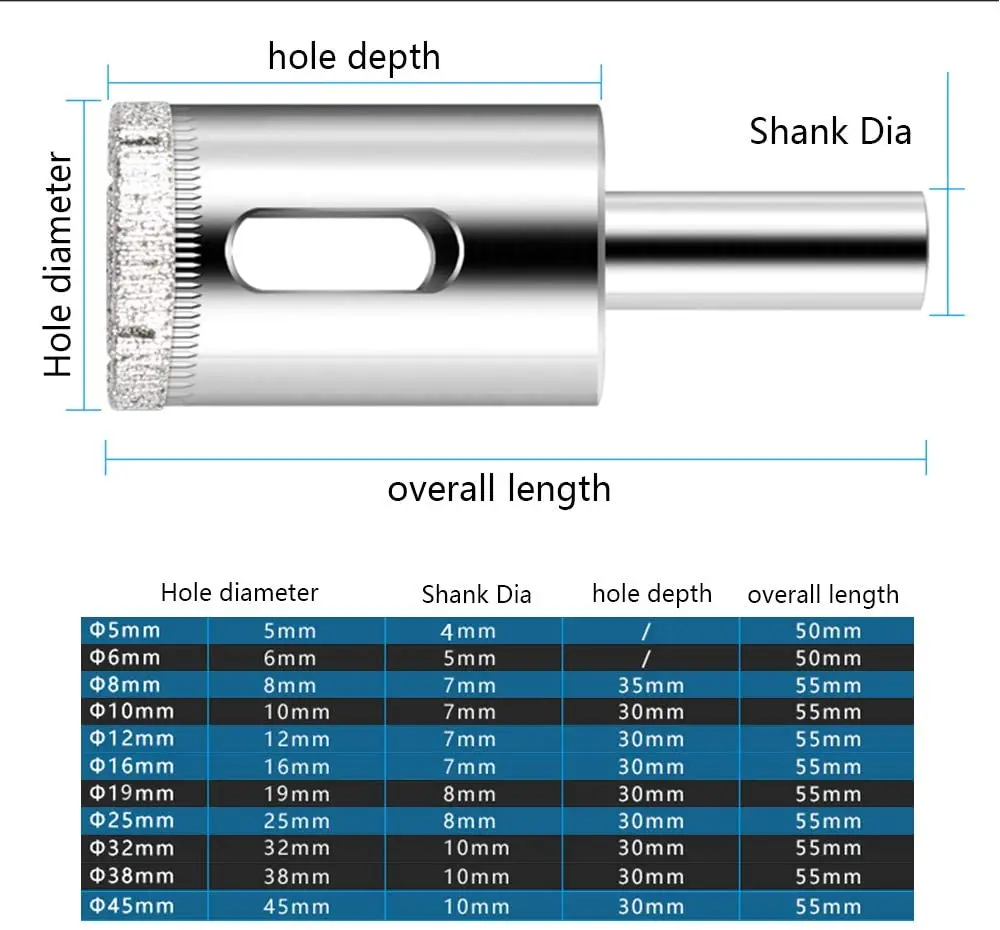 10pcs Diamond Drill Bit Set Glass Hole Saw for Tiles Glass Ceramic Marble Bottles DIY,6mm - 50mm