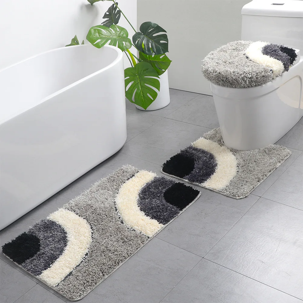 Geometric Style Bathroom Mat, Rectangular Bathroom Carpet, Toilet Mat Set, Water Absorption Bath Mat, 3 Pcs