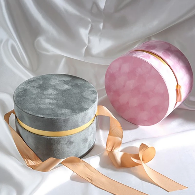 Round Velvet Flower Hat Box with Bowknot and Lid Luxury Gift Boxes Rose Bouquet Arrangement Gift Surprise Box Floristry DIY