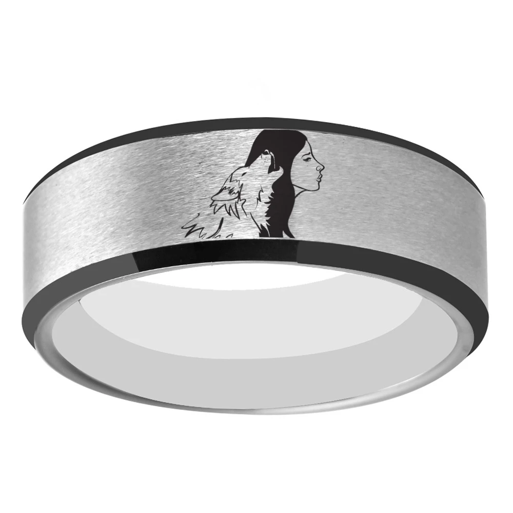 

Unique Women with Wolf Design Wolf Girl Ring 8mm Width Tungsten Carbide Ring Wedding Engagement Ring Anniversary Gift Ring