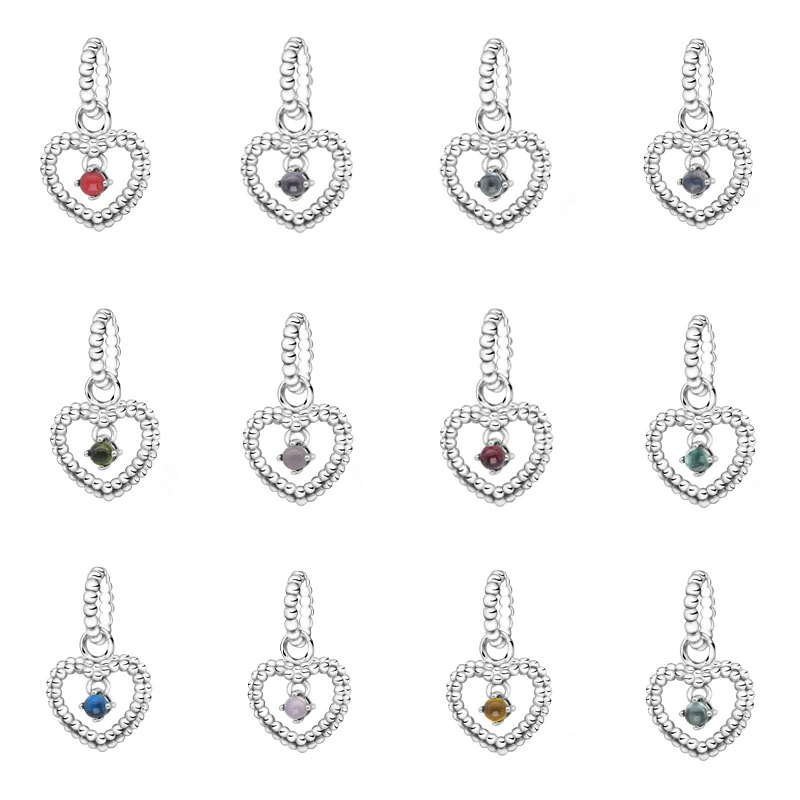 12 Color Beaded Heart Dangle Charm Original 925 Silver Jewelry Fits Snake Chian Bracelets For Woman DIY Beads For Jewelry Making