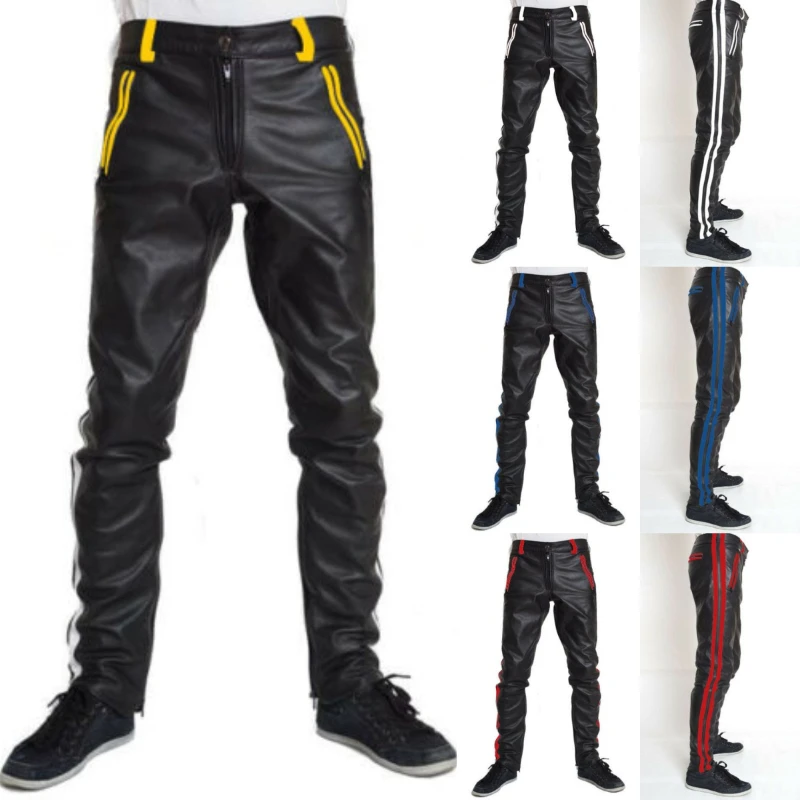 Men\'s COWHIDE LEATHER PANTS COLOR STRIPES BIKERS PANTS