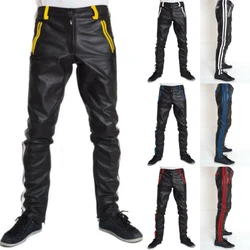 Men's COWHIDE LEATHER PANTS COLOR STRIPES BIKERS PANTS