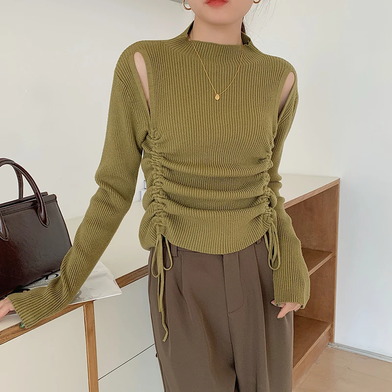 Thick Plain Ribbed Slim Sweater Women Chic Drawstring Hollow Out Knitted Pullover Casual Blouse Pleated Crew Neck Style Sweaters