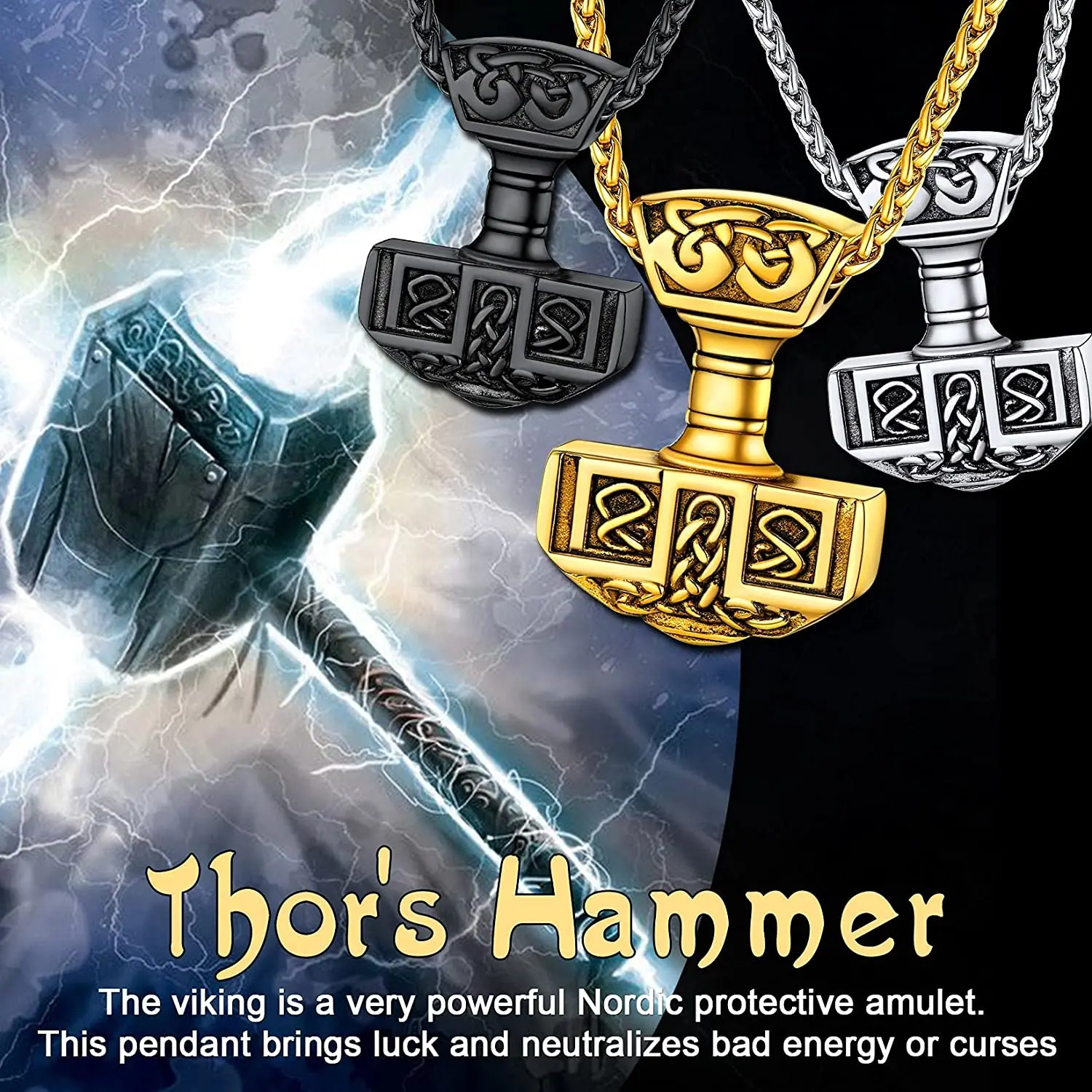 U7 Thor's Hammer Necklace Stainless Steel Norse Viking Jewelry Cool Mjolnir Pendant Necklace for Men Womem Vintage Jewelry