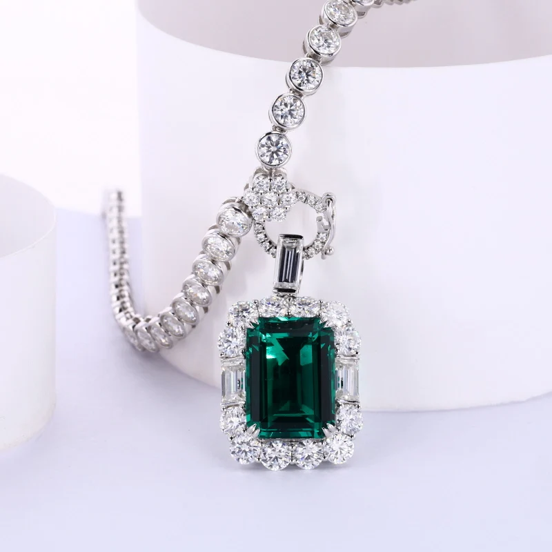 Hip hop Custom Women Men Tennis Necklace 9K moissanite Chain with lab emerald pendant