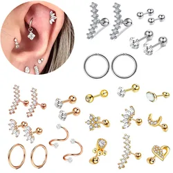 Aço inoxidável Cristal Cartilagem Brinco Set, Coração Ear Tragus Piercing, Helix Brincos Hoop, Bulk Stud Ear Anéis, Pircing Lot, 16G