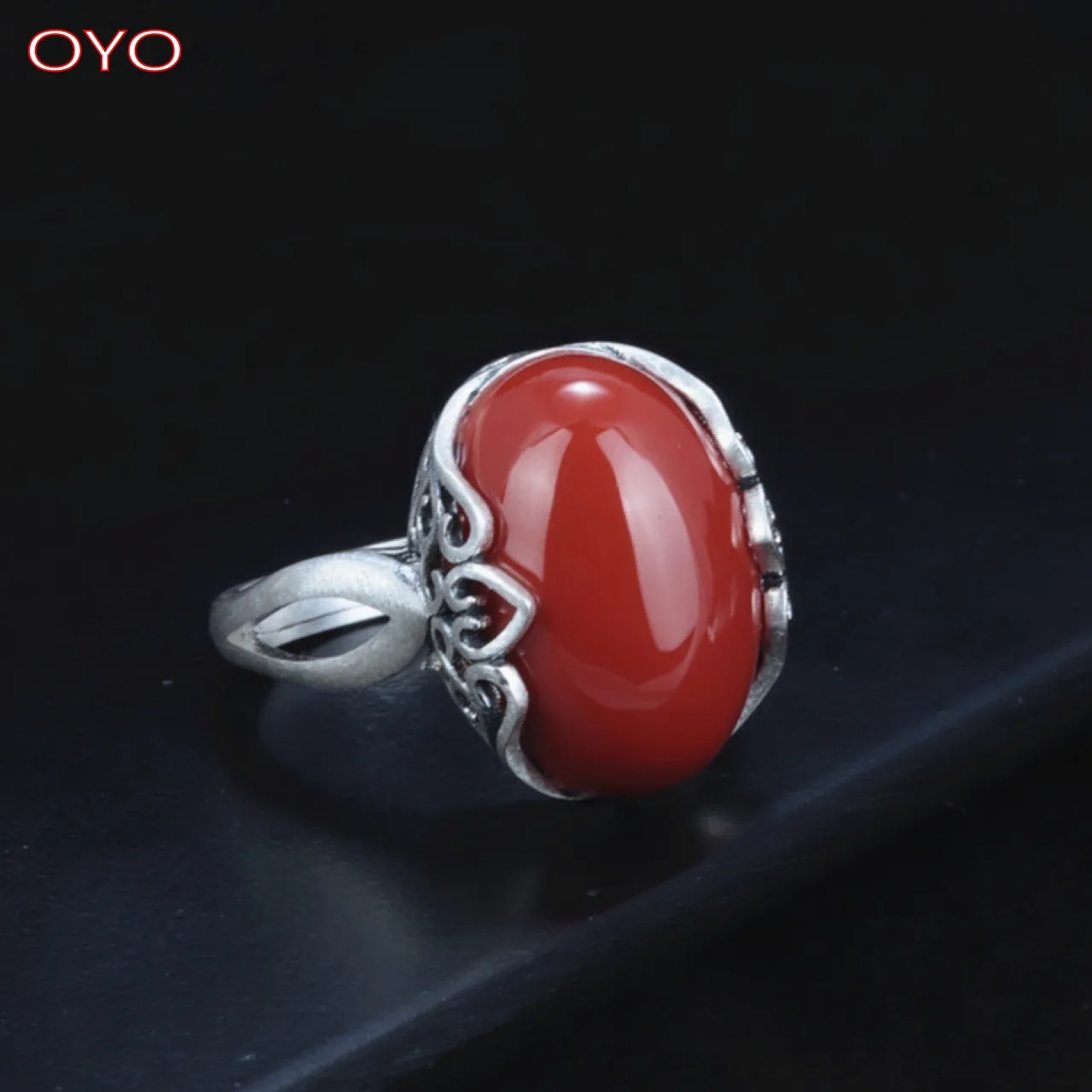 

Real s925 sterling silver southern red agate oval ring female retro matte index finger ring