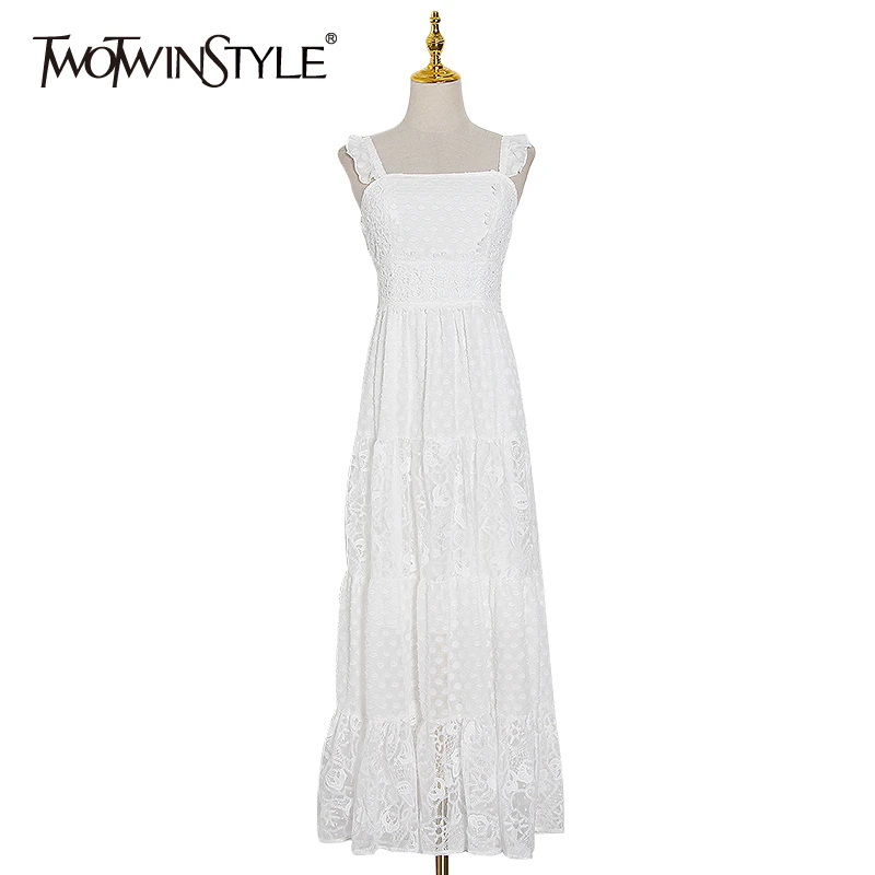 

TWOTWINSTYLE Vintage Lace Dresses Female Square Collar Sleeveless Spaghetti Strap High Waist Applique Summer Dress Women Fashion