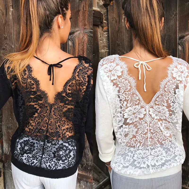 

2019 New Sexy Women's Longsleeve Loose Lace Back Casual Shirt Autumn Tops T-Shirt Fashion Women Clothes