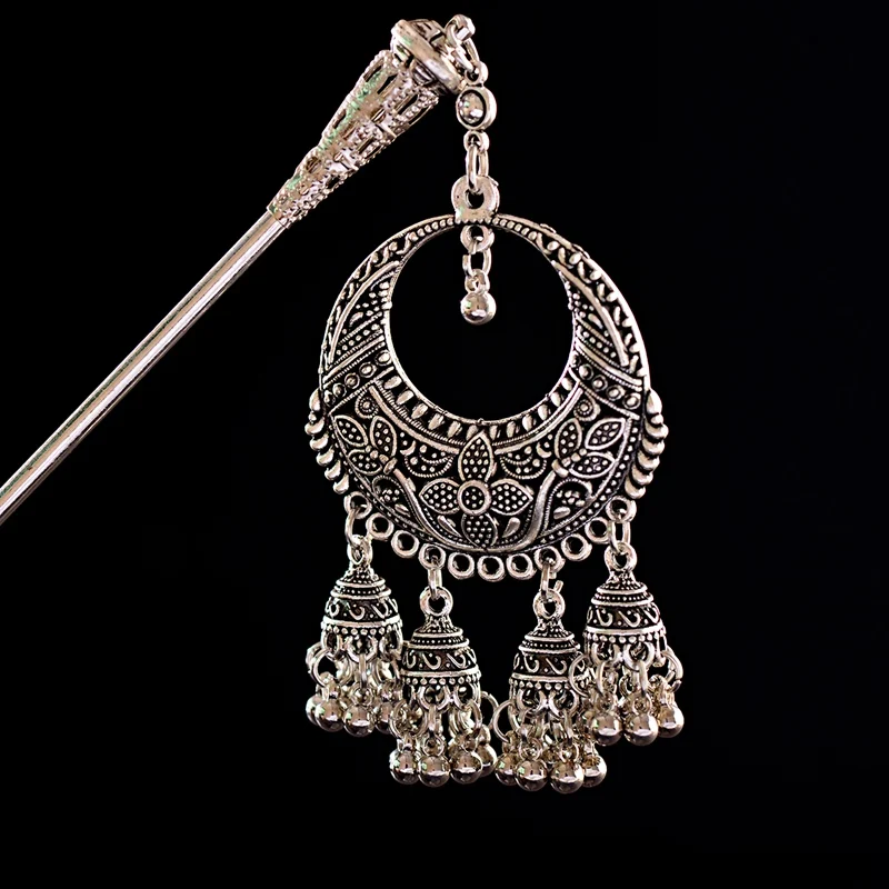 Boho Vintage Indian Hair Pins For Women Ethnic Sliver Color Big Bells Tassel Flower Carved Pendant Hair Sticks Hair Jewelry 2019