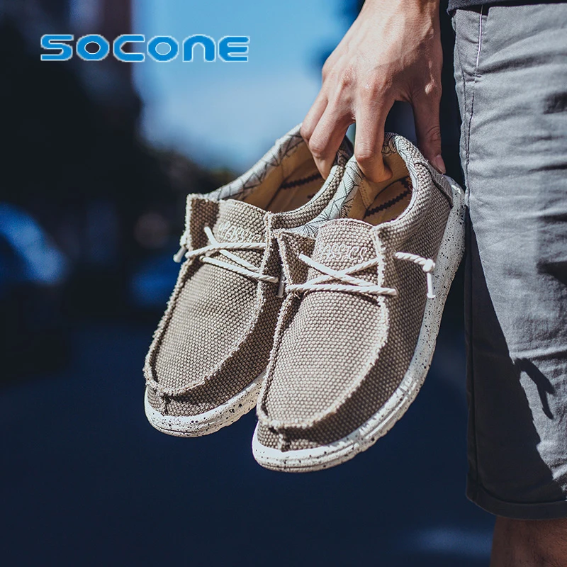 socone brand Men\'s canvas shoes, pedal deck shoes, casual cloth boat shoes, non-slip casual loafers, flat outdoor sports shoes