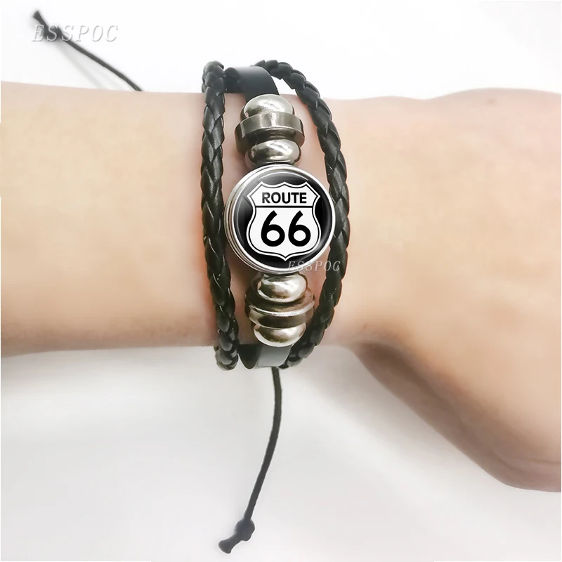 Route 66 Sign Bracelets Men Women Punk Woven Bracelet Route 66 Jewelry Travel Gifts Black Leather Bracelet Unisex Accessories