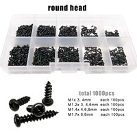 1000pcs M1 M1.2 M1.4 M1.7 Black Steel Mini Micro Cross Phillips Round Flat Countersunk Head Self Tapping Wood Screw Set Kit Box