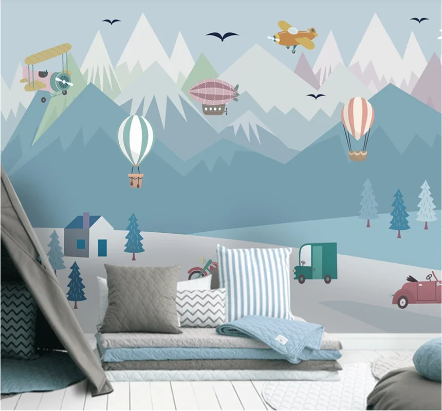 

Xuesu Custom wallpaper 8D waterproof wall cloth blue cartoon balloon airplane car children room background wall painting