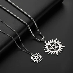 COOLTIME Supernatural Sun Pentagram Pendant Necklace for Women Men Stainless Steel Hollow Star Box Chain Necklaces Couple Gifts