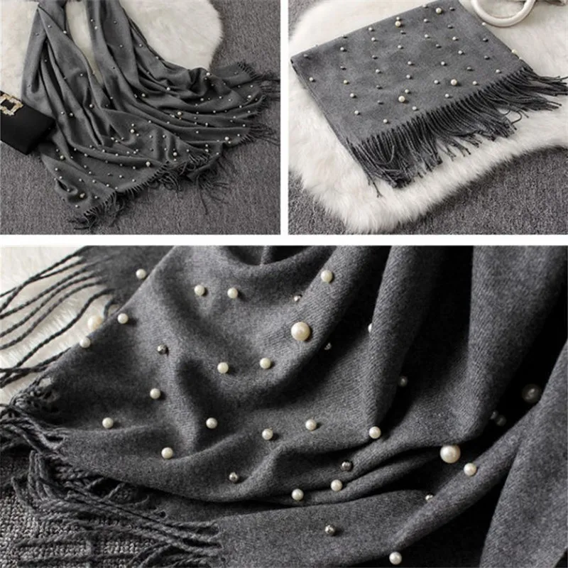 2022 Winter Cashmere Scarf with Pearls Women\'s Tassels Wraps and Shawls Long Muslim Hijab Foulard Femme Beading Wool Pashmina