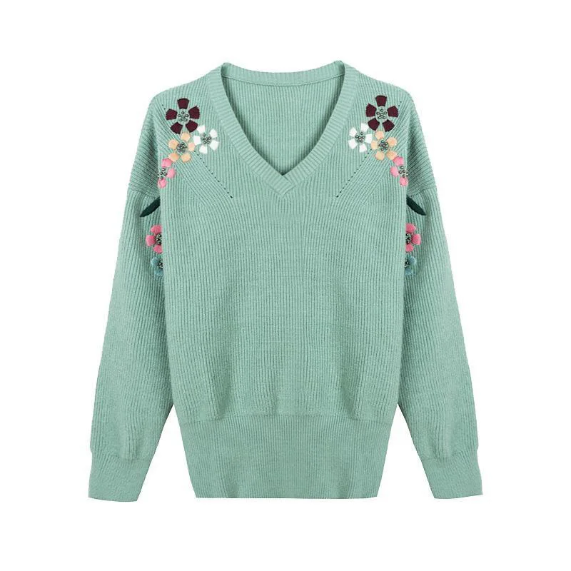 Slim V-Neck Flower Embroidery knitted Pullovers For Women Fashion spring Elastic Sweaters Large Size Casual Knitwear Tops Femme