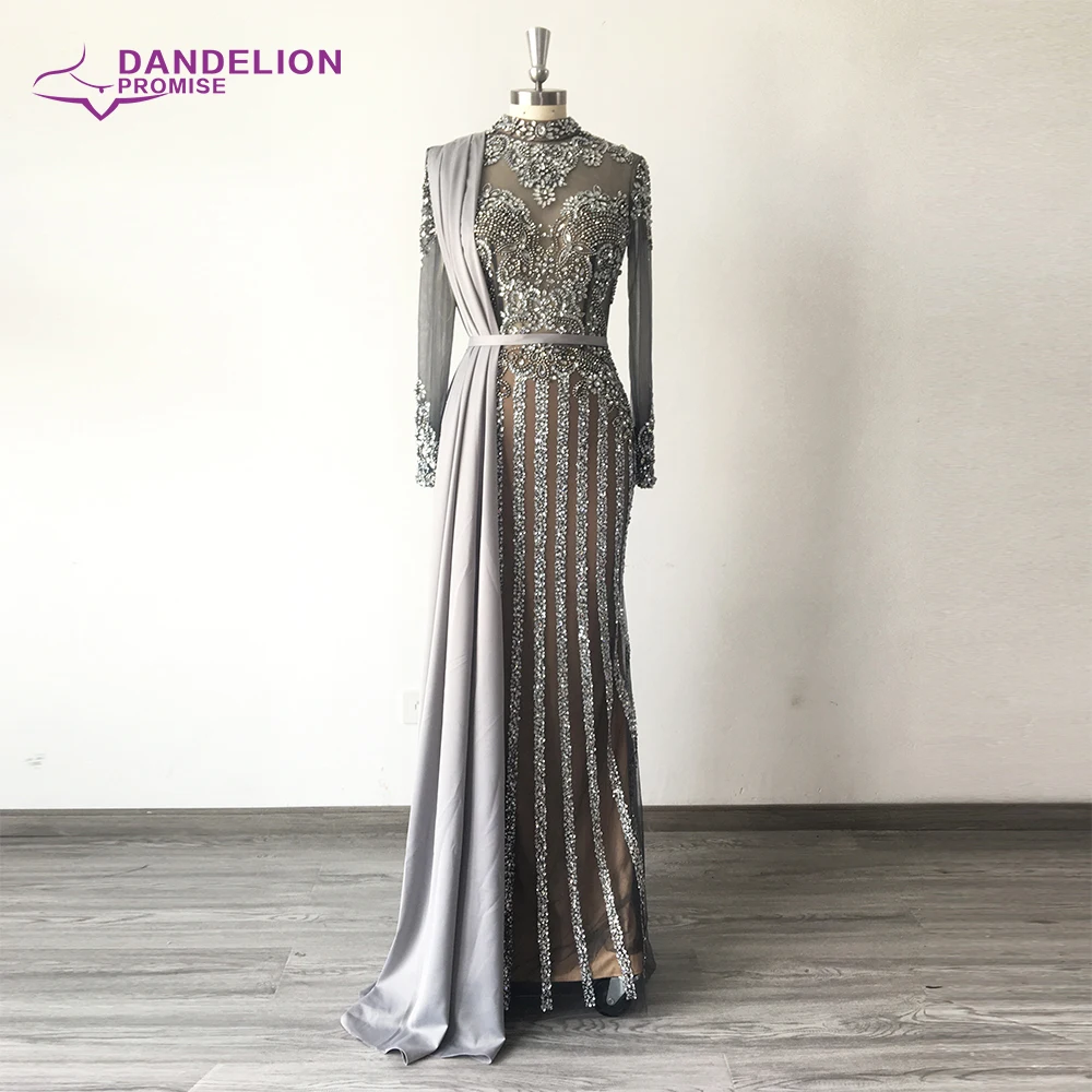 2020 Collection Gray Muslim Rhinestones Evening Dresses High Neck Dubai Long Sleeve Mermaid Gown For Women Party