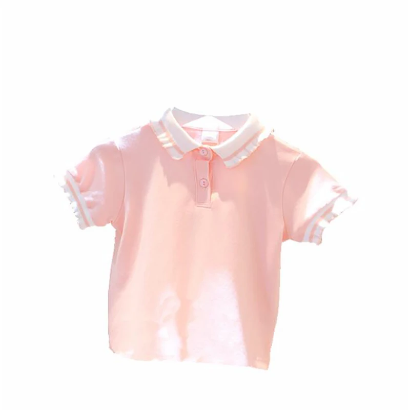 3-7y Kids Polo Shirts Summer Girls Tops Tees Clothing Short Sleeve Solid Color Breathable Lace Soft Children\'s Clothes H21