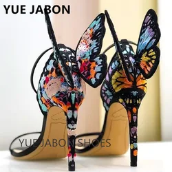 Metallic embroidered Ladies Shoes Butterfly Wings Stiletto Sandals Women Party Wedding High Heels Pointed Toe Ankle Strap Pumps