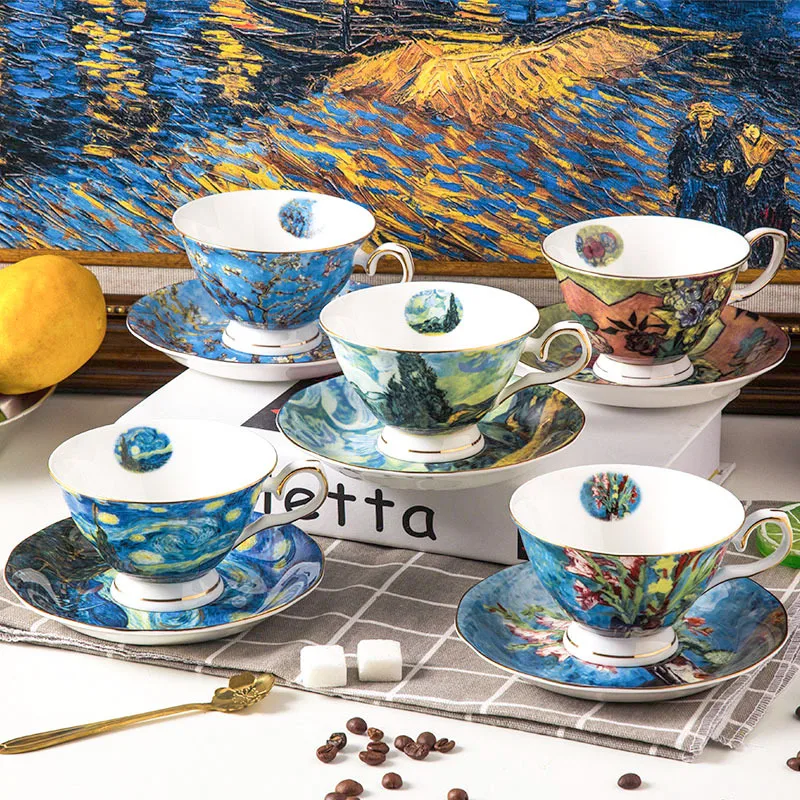 European high-end coffee cup dish set bone porcelain English afternoon teacup home creative Van Gogh oil painting ceramic cup