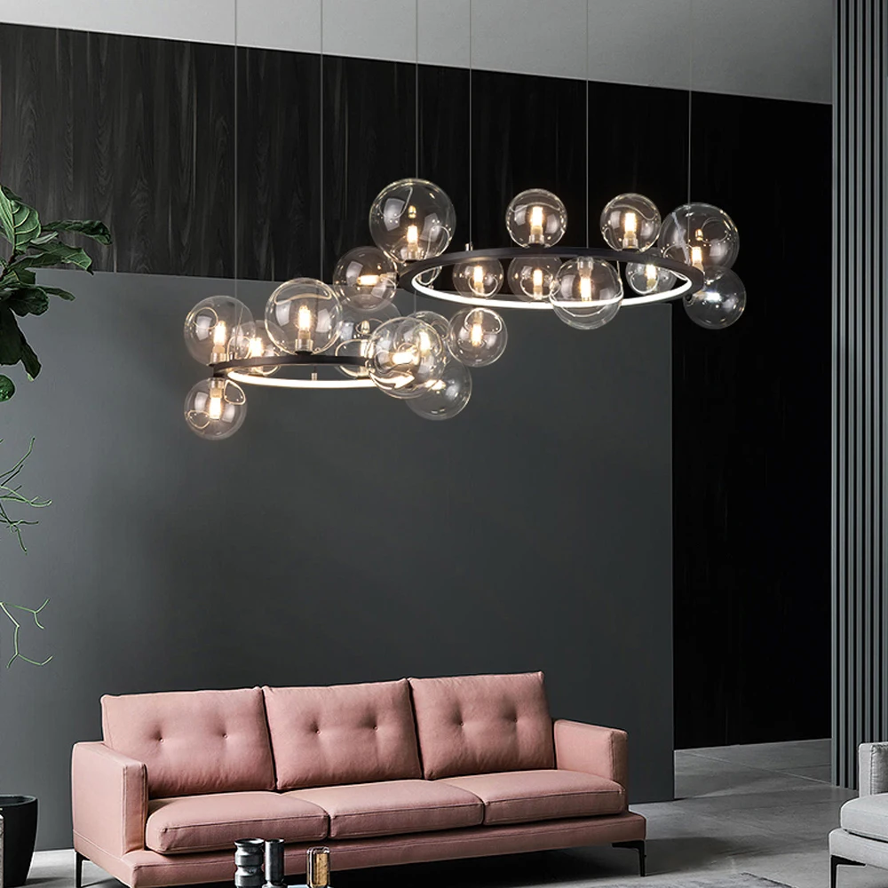 LED silver chandelier Art Deco post modern Bubbles glass chandelier Round Black Suspension For Dinning Room room ring chandelier