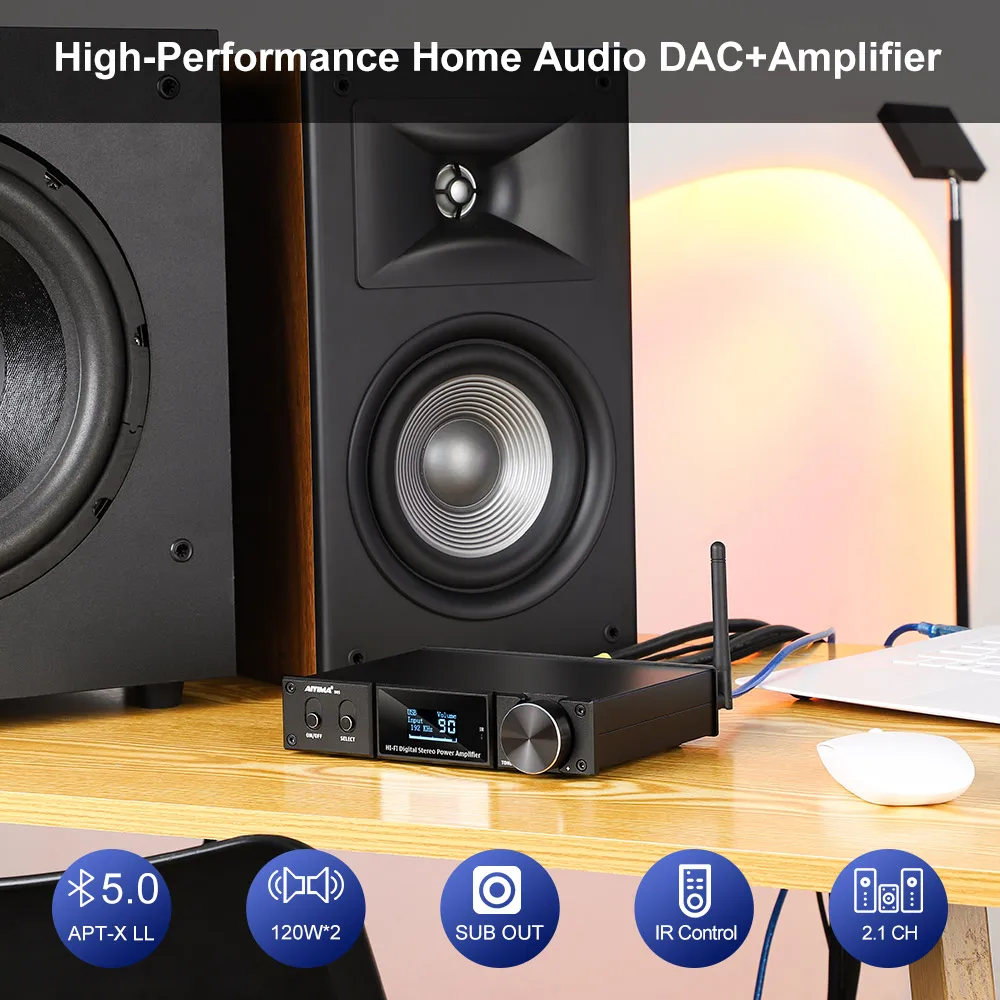 AIYIMA D05 2,1 Home Theater APTX Bluetooth 5,0 amplificador de potencia 120Wx2 amplificador de Subwoofer de sonido Digital USB DAC Amp