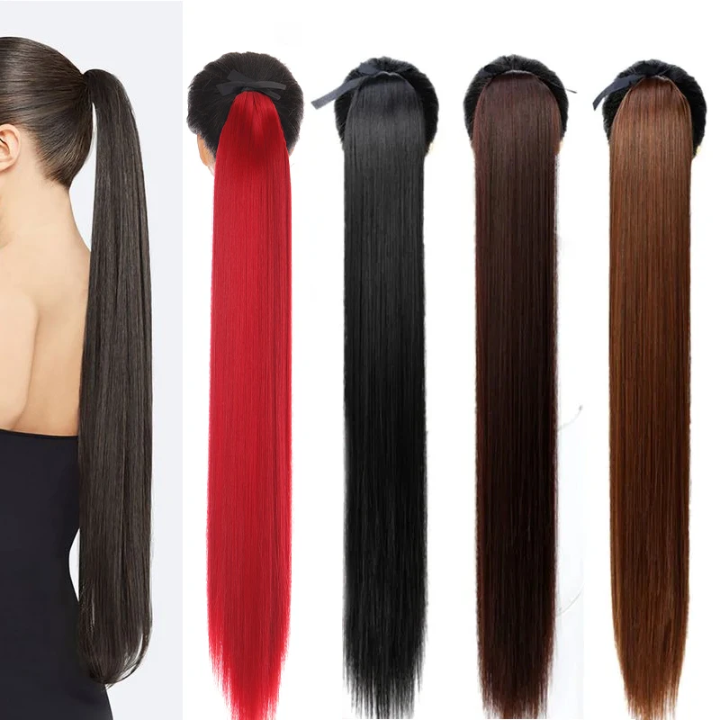 Allaosify 32 Inches Straight Synthetic Super Long Ponytail Hair Accessories for Women Wig With Bandage Ponytail Extensions