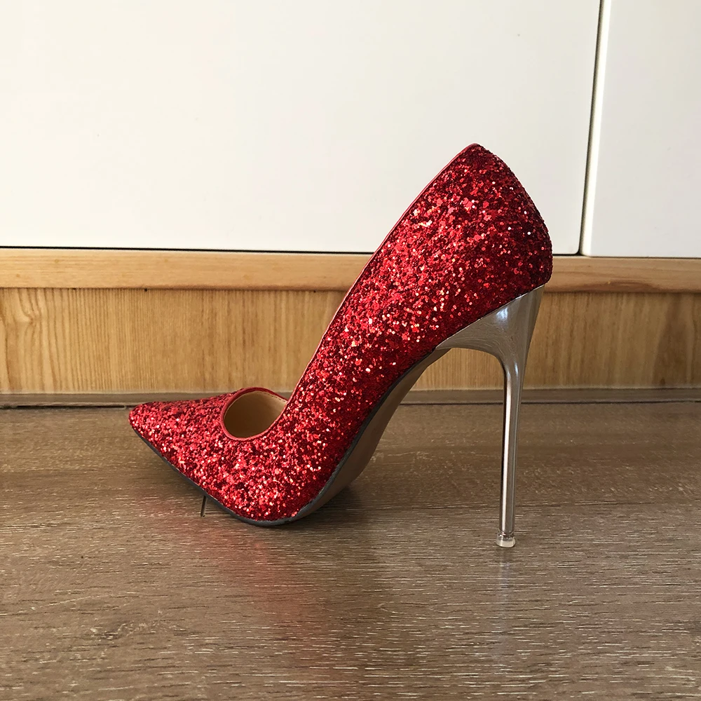 Veowalk Glitter Red Sequins Women 11cm High Heel Stiletto Pumps Pointed Toe Slip On Ladies Party Dress Shoes Plus Size 35-46