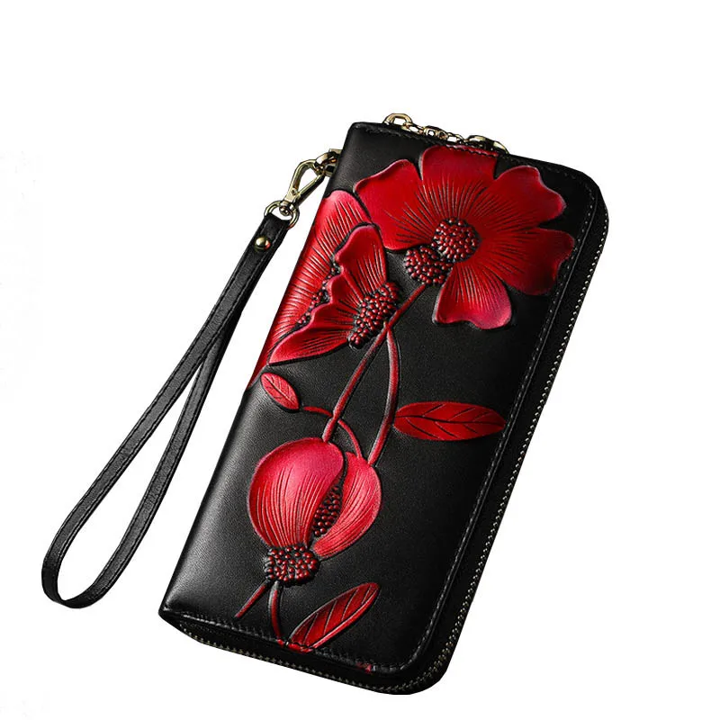 Women Genuine Leather wallet  Flower long Cowhide leather zipper Wallets High Quality Fashion Personality Clutch Bag