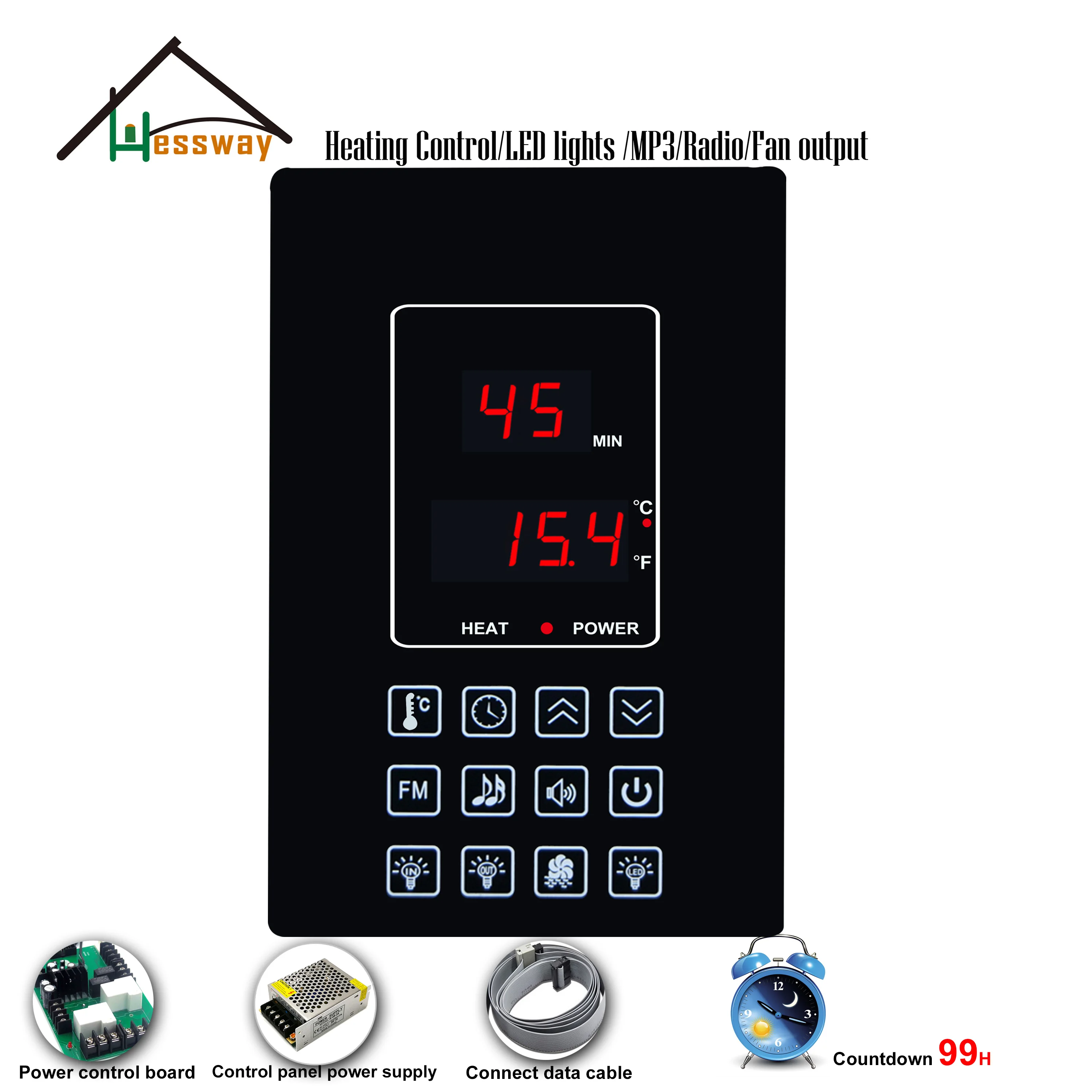 99H Countdown Family Sauna Room Multifunction Control Panel for Thermostatic Heating Music MP3 Light and Fan, AUX Control Output