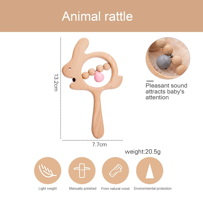 L'anello per la dentizione della mano animale del giocattolo del sonaglio di legno del bambino su misura fa il suono dei giocattoli educativi Montessori sonagli gioca in palestra regali fai da te