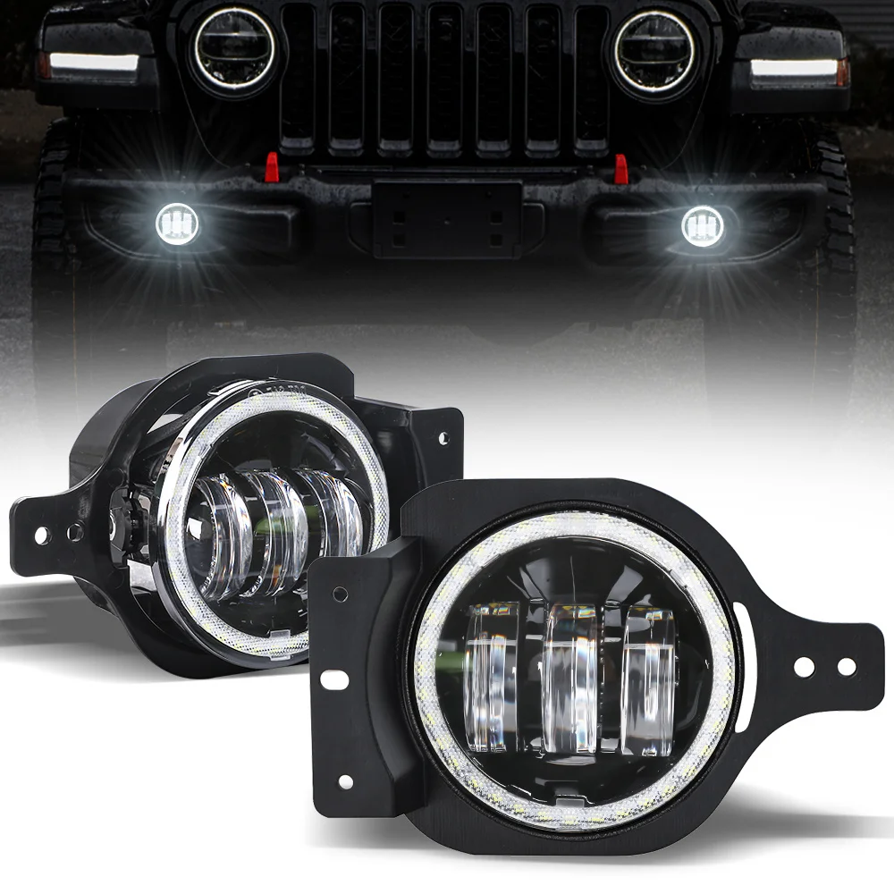 

PIONEERELITE Pair 4 inch Round LED Fog Lights&Mounting brackets With Hole Ring DRL for Jeep Wrangler JL 2018-2020 Fog Lamp