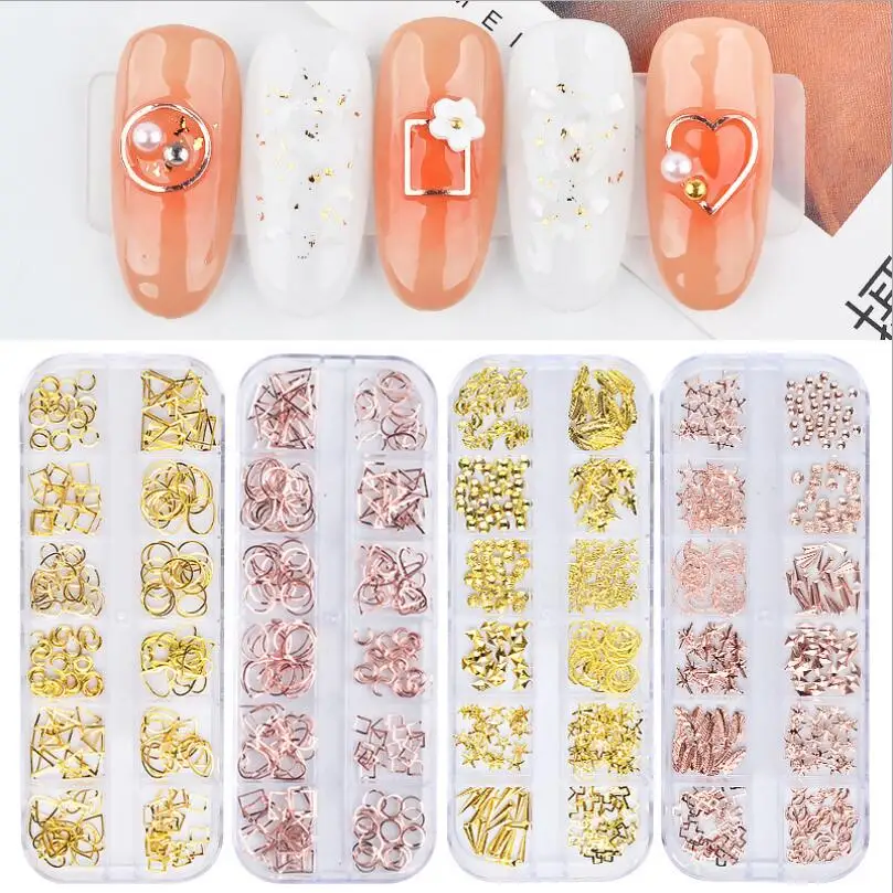Kalvaro 12 Grid/Box Nail 3D DIY Nail Art Jewelry Rose Gold Manicure Accessories Pierced Golden Metal Ring Nail Decals T1678