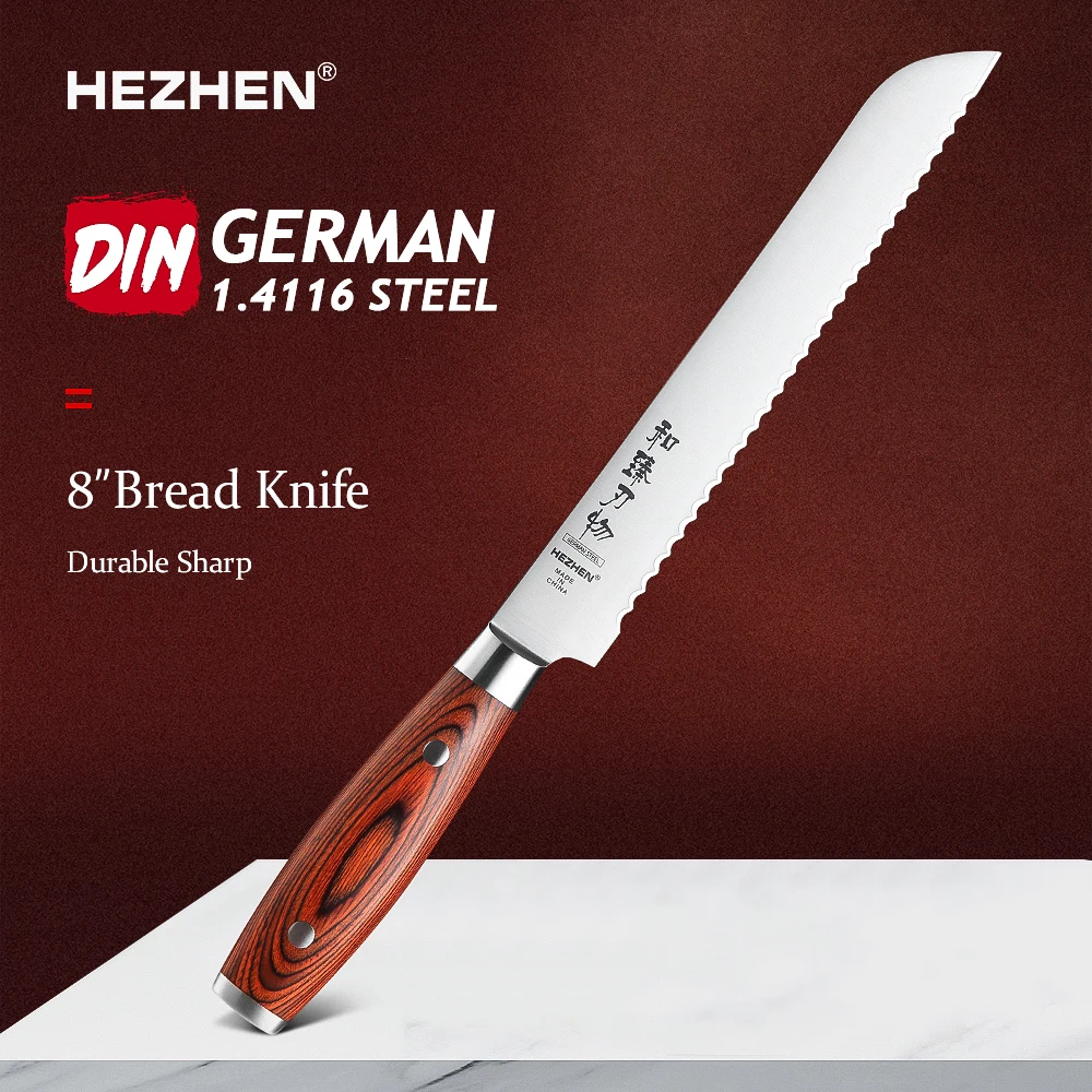 

HEZHEN 8 Inch Bread Knife Stainless Steel German Steel For Bread Cake Watermelon Cook Knife Kitchen Tool Pakka Wood Handle