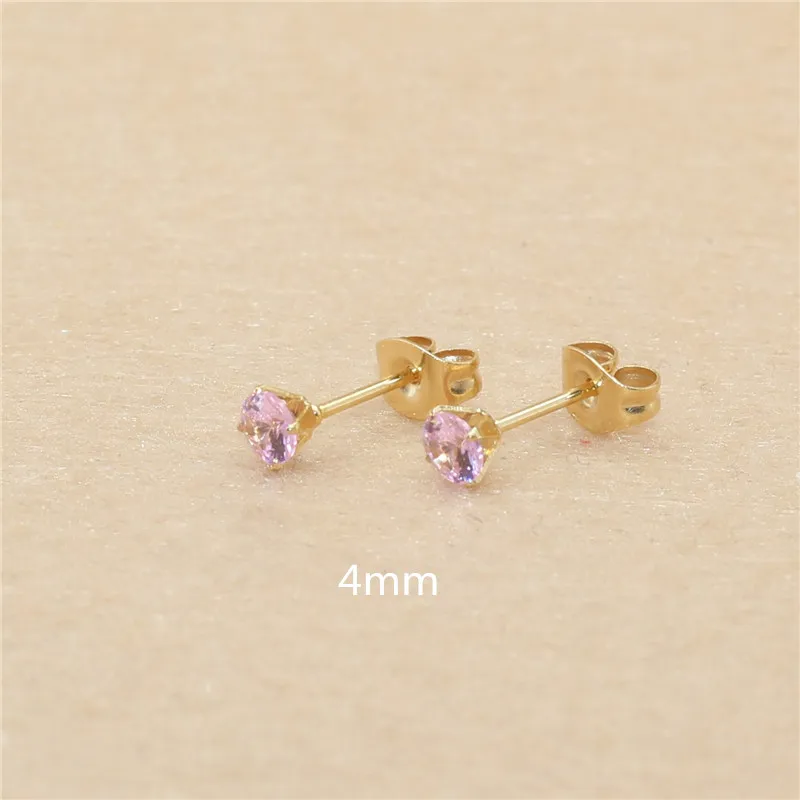Mini-Ohrstecker aus Edelstahl mit rosa AAA-Zirkonia, 3mm bis 8mm rund, echte goldfarbene Beschichtung, nicht leicht verblassend, allergiefrei – Detail 12
