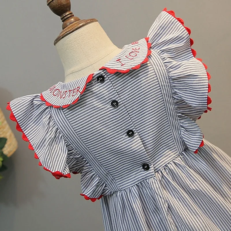 2020 New Summer Girls\' Dress Bow Flying Sleeve Striped Lapel Floral Party Princess Dress Children\'s Kids Girls Clothing