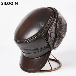 Siloqin-男性用の冬用爆撃機の帽子,天然本革の帽子,ゴラスの毛皮,暖かいイヤーマフ,防寒牛革の帽子