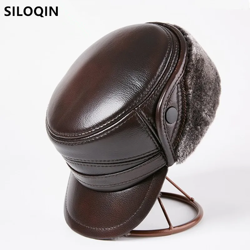 SILOQIN Men's Winter Bomber Hats Natural Genuine Leather Caps For Men gorras Fur Warm Earmuffs Hat Anti-cold Cowhide Leather Cap